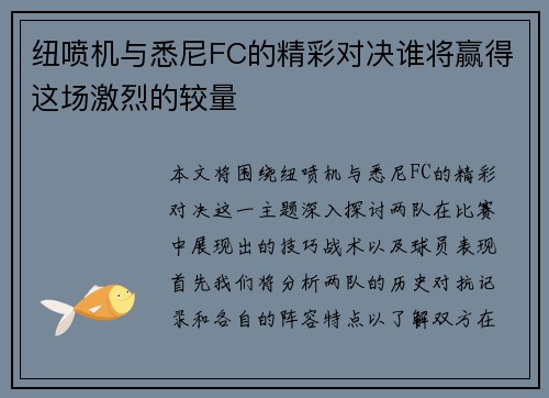 纽喷机与悉尼FC的精彩对决谁将赢得这场激烈的较量